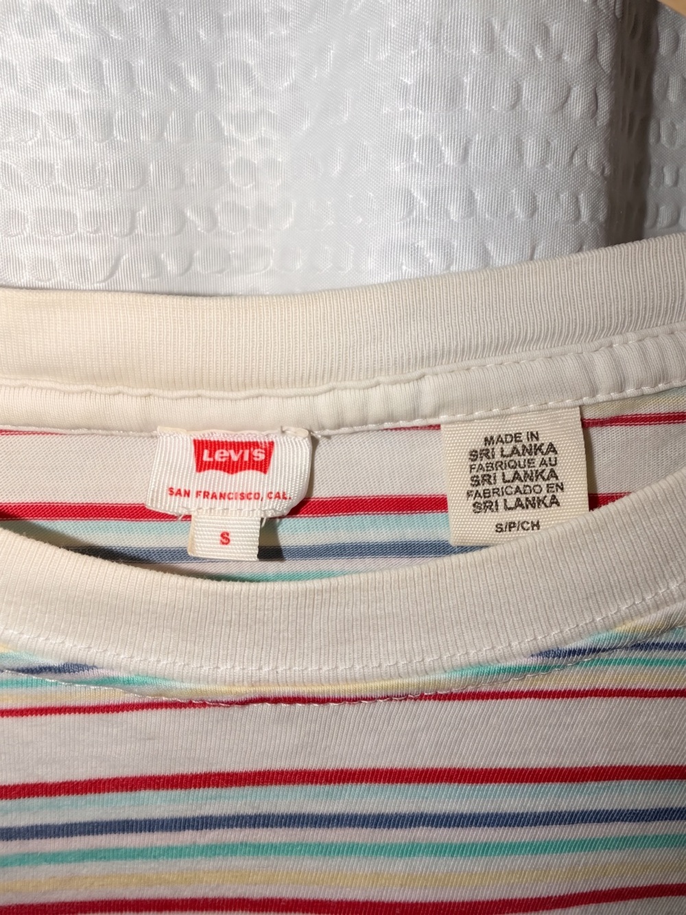 Levi's Striped Crewneck Pocket Tee White Multicolor Ladies Large Great Condition - Picture 3 of 5